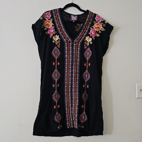 Johnny Was Tops - Johnny Was Black Tunic with Colorful Embroidery